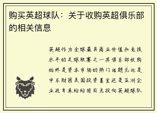 购买英超球队：关于收购英超俱乐部的相关信息